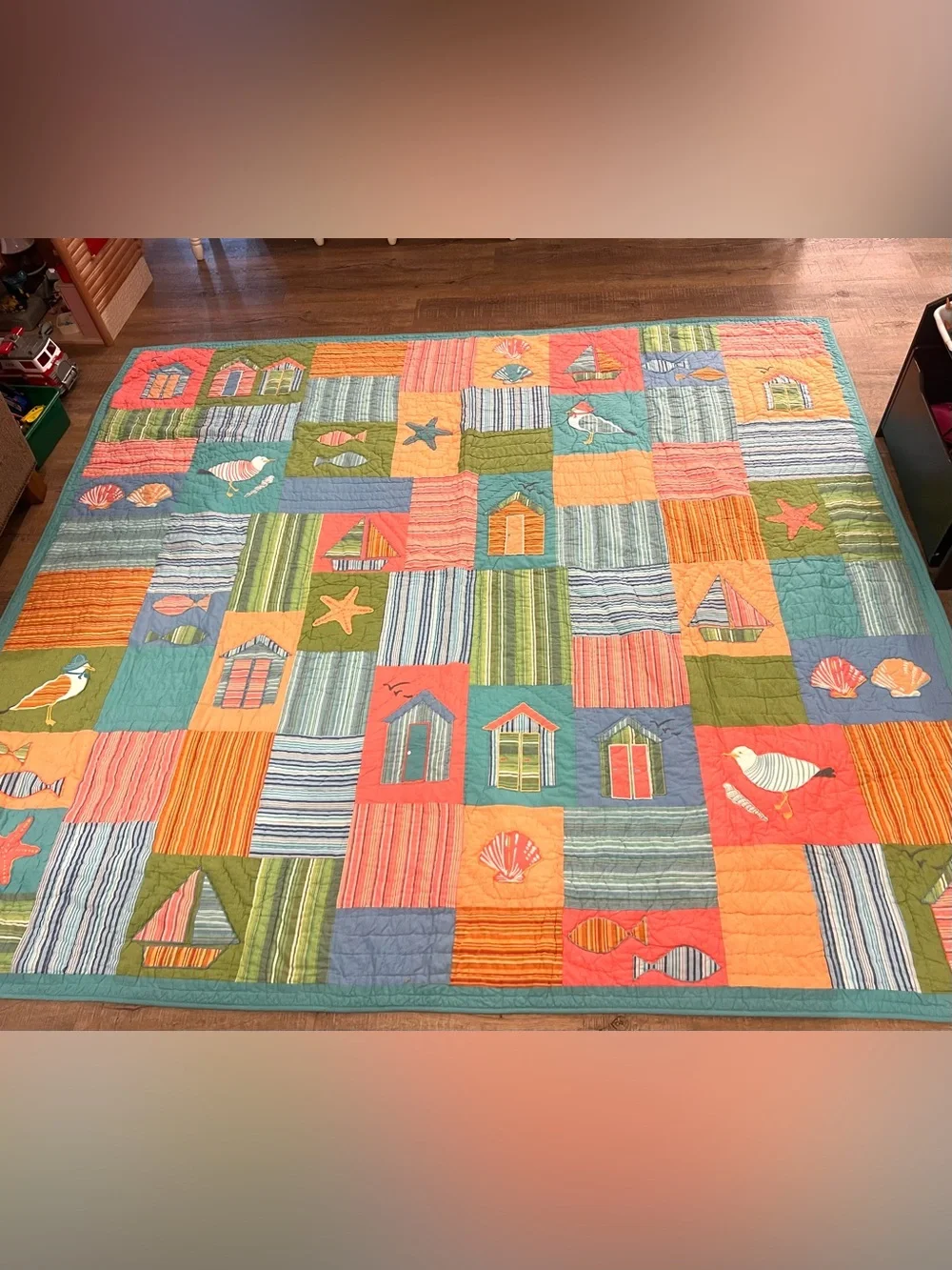 The Company Store Coastal Patchwork Quilt in Coral, Teal & Green 100x90” king